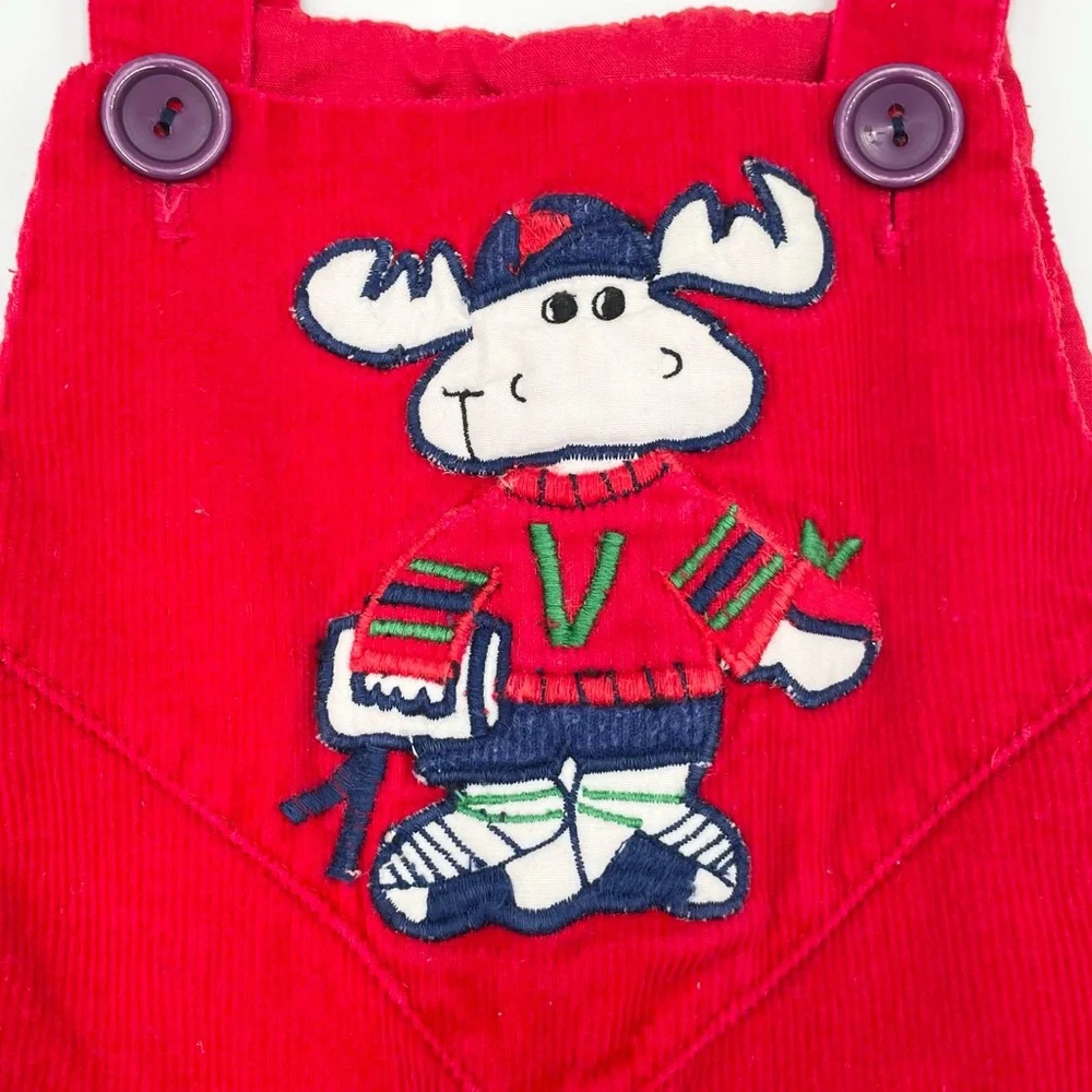 Vintage 90s Baby Togs Red Corduroy Overalls 12 Months Varsity Moose Patch Cotton